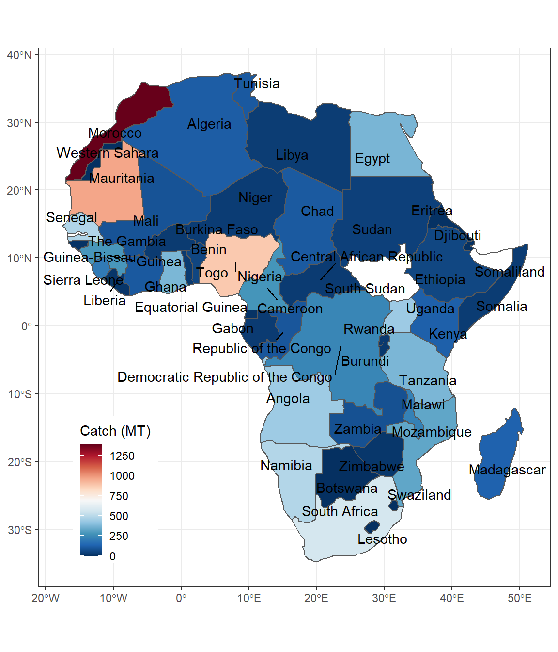 A static Choropleth representation of African spatial distribution of capture fisheries reported to FAO in 2018