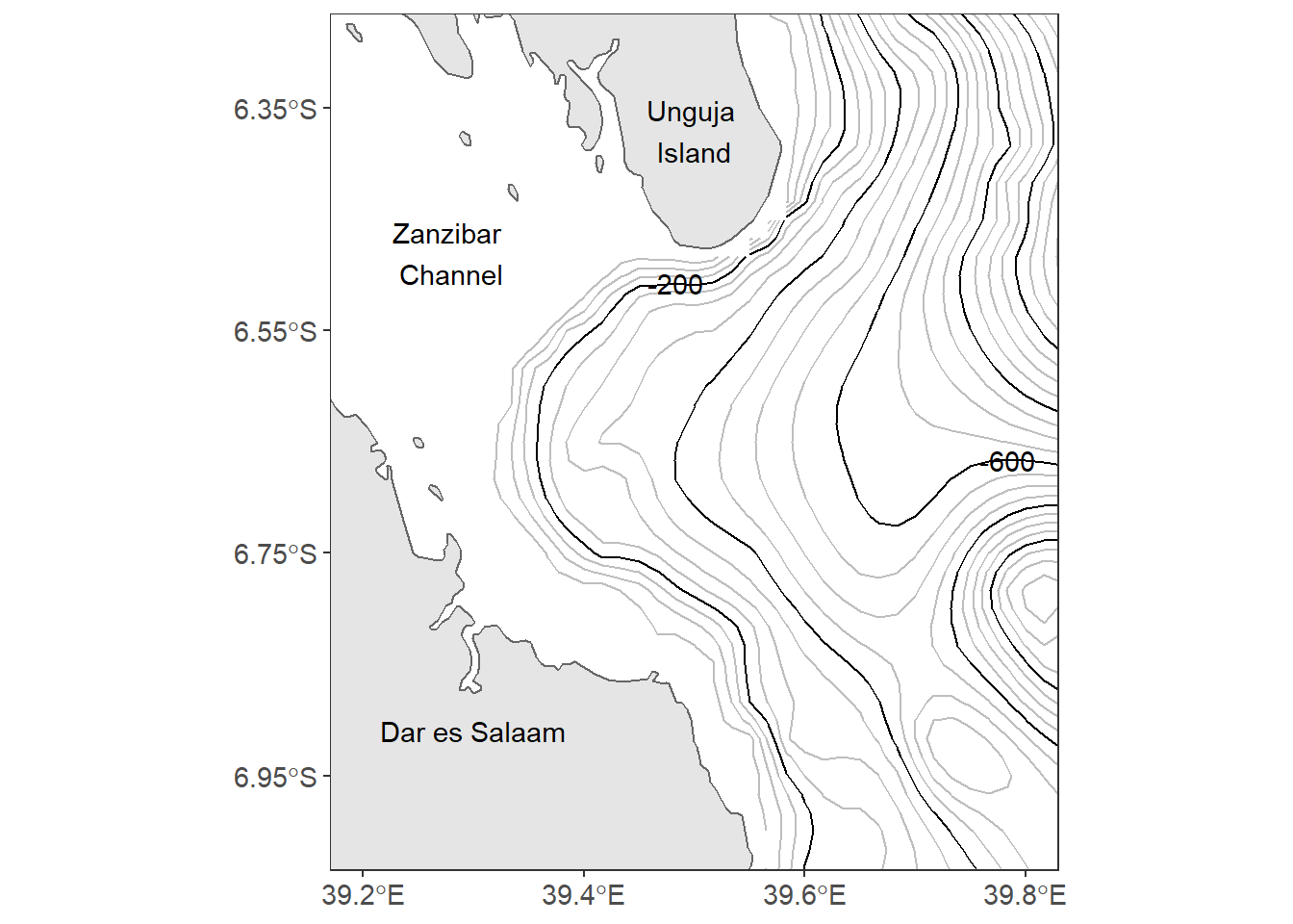 Map of Off-Kimbiji showing contour lines. The grey lines are contour at 50 m interval and the black line are contoured at 200 m intervals