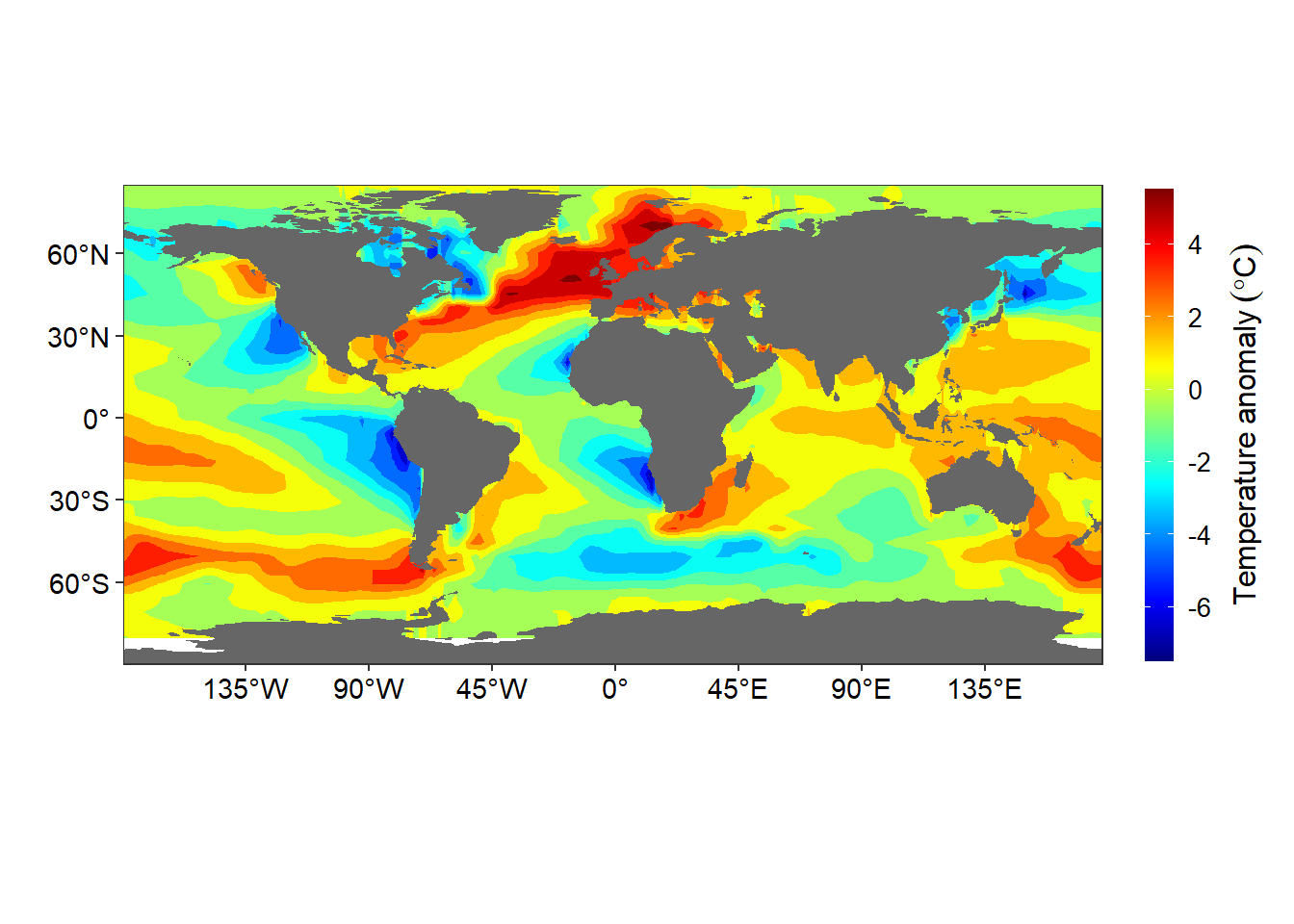 Departure of the sea surfae temprature at each location from the zonally averaged field