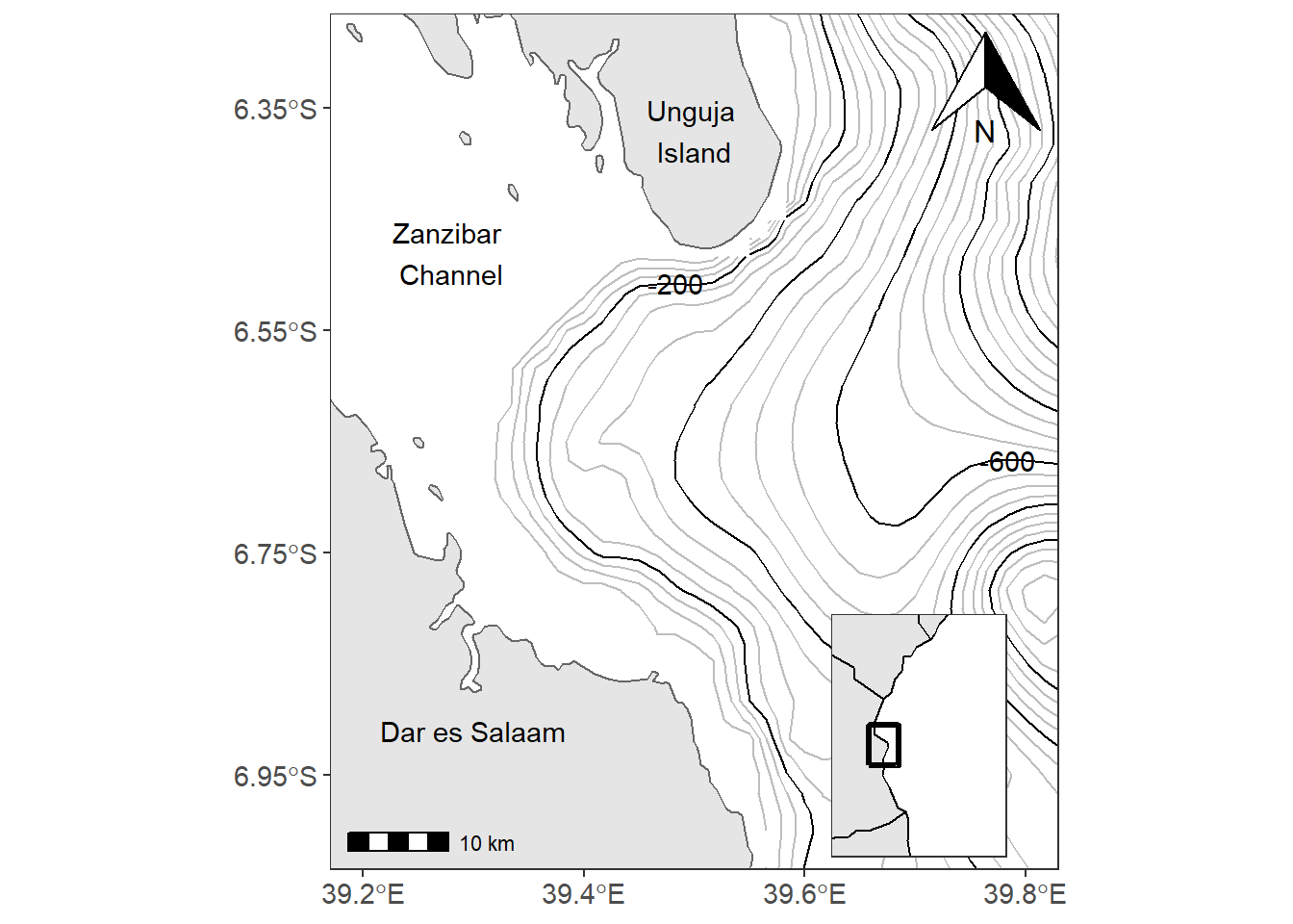 The main map with the inset map showing the positon of the study areas in the region