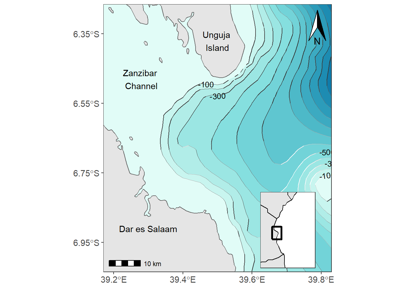 The main map with the inset map showing the positon of the study areas in the region