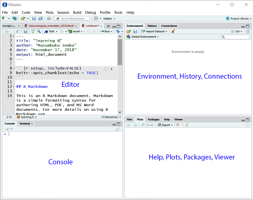 The interface of Rstudio IDE with four key panels