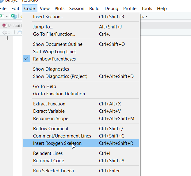 Inserting function documentation in Rstuido