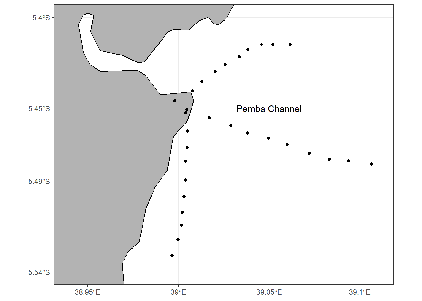 Map of Pemba channel showing the sampling stations along three transects