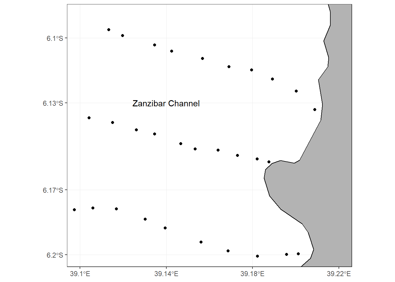 Map of Zanzibar channel showing the sampling stations along three transects