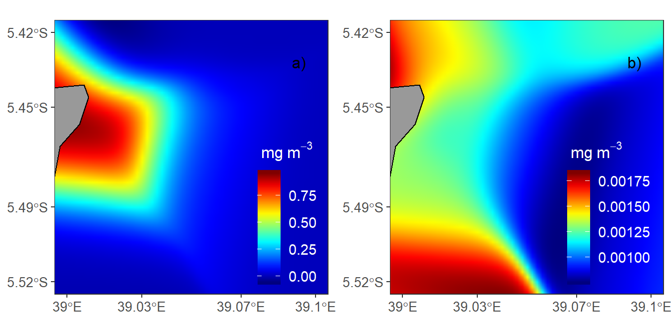 Spatial distribution pattern of in situ chlorophyll-a at the Pemba channel site (a) Rainy season (b) Dry season