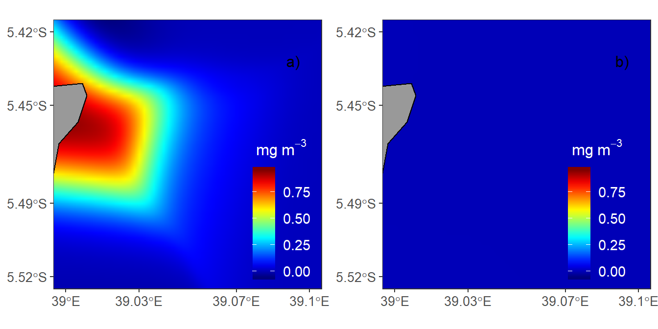 Spatial distribution pattern of in situ chlorophyll-a at the Pemba channel site in the same scale for (a) Rainy season (b) Dry season