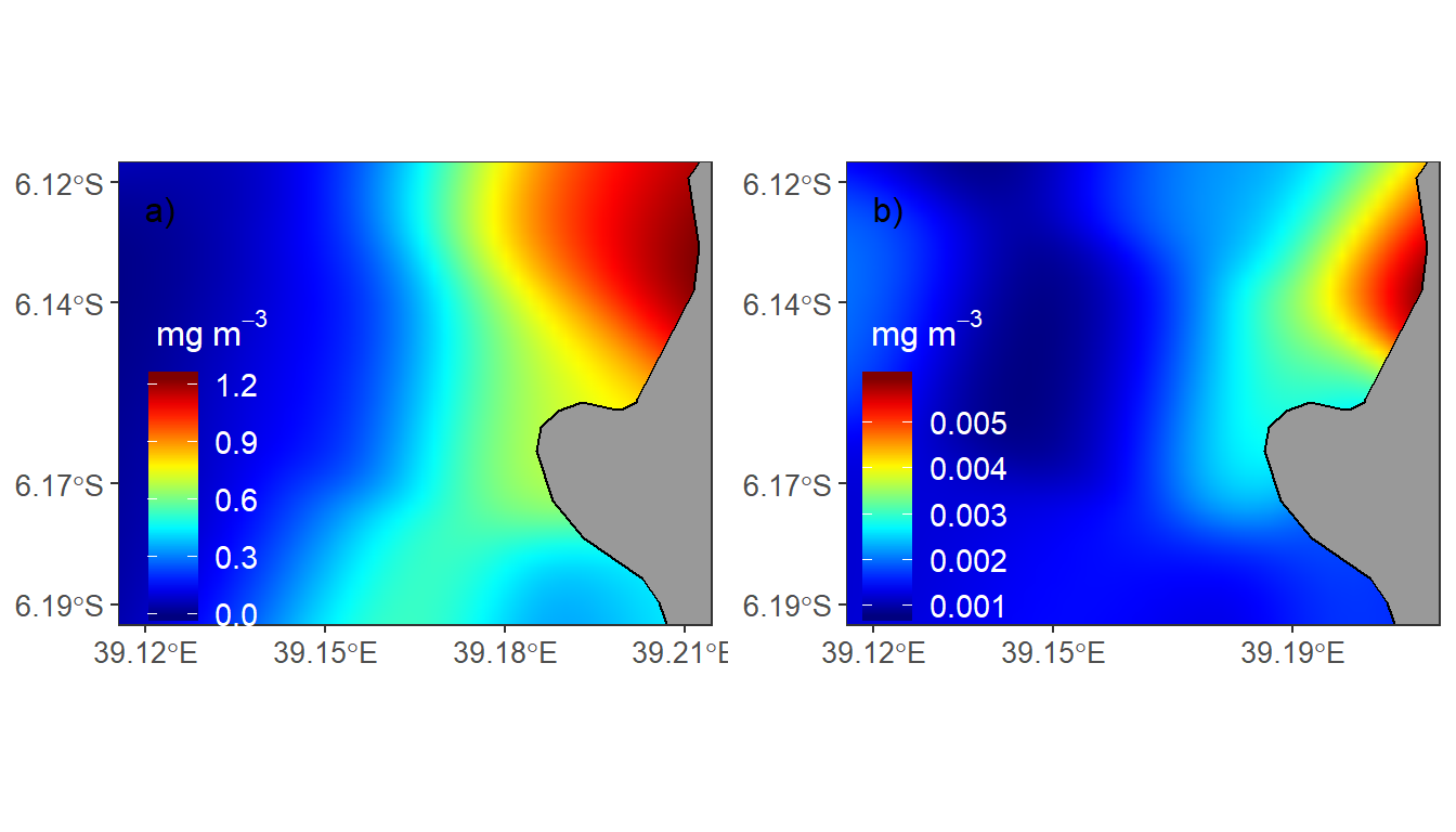 Spatial distribution pattern of in situ chlorophyll-a at the Zanzibar channel site (a) Rainy season (b) Dry season