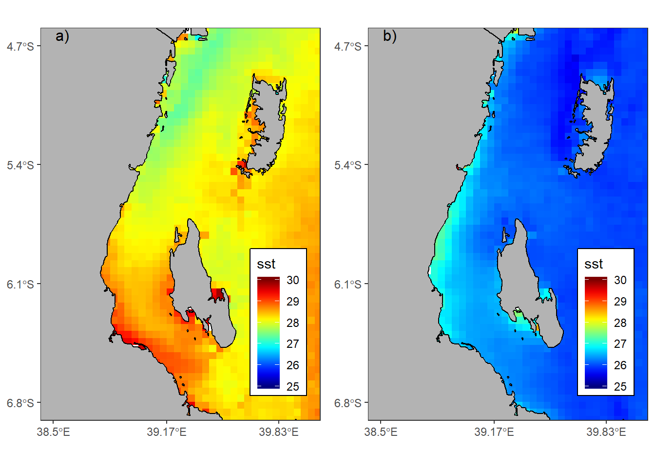 MODIS images showing Sea Surface Temperature distribution for the Zanzibar and Pemba channels during a)rain and b)dry season